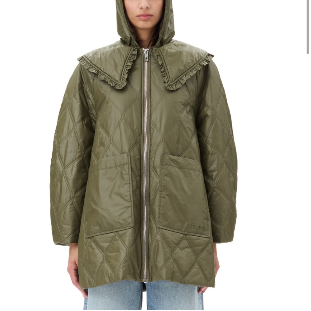 GANNI Olive Quilted Hooded Jacket